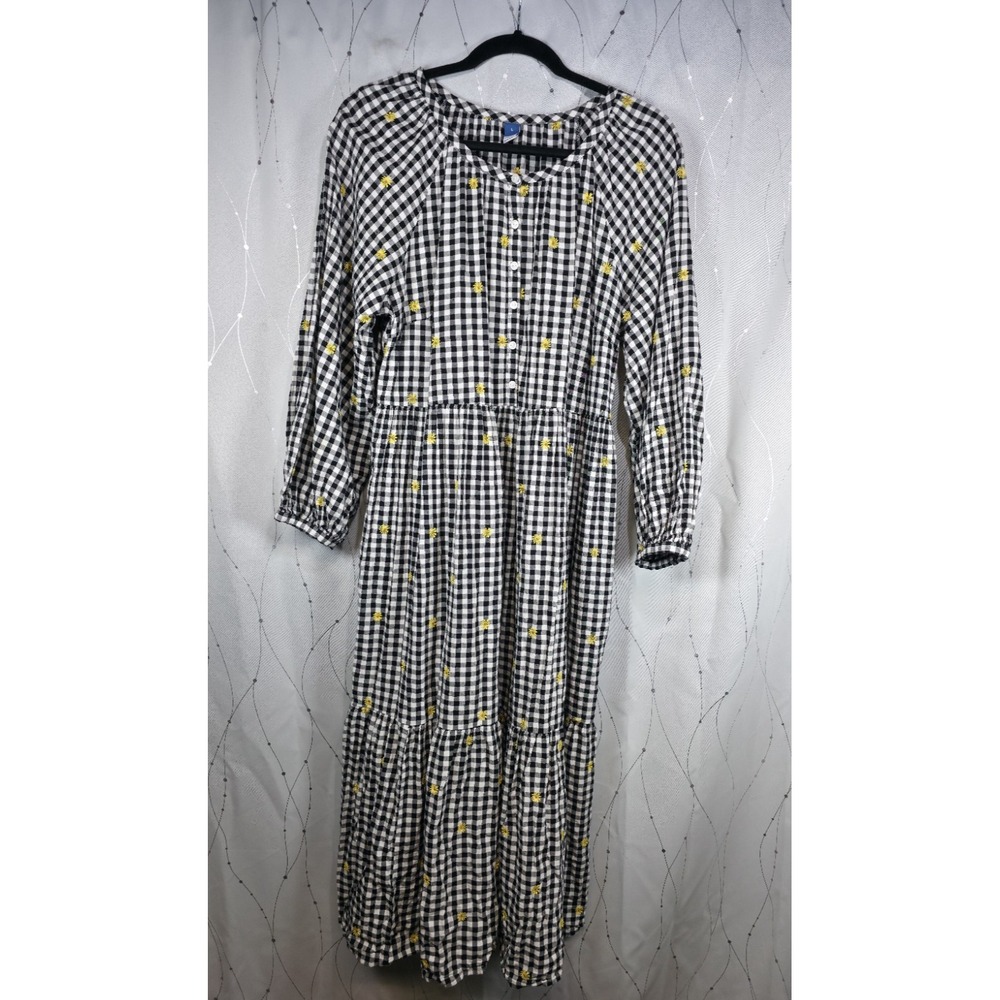 Old Navy Dress‎ Large Black White Gingham Daisy Midi Tiered Cottage Prairie - Picture 7 of 8